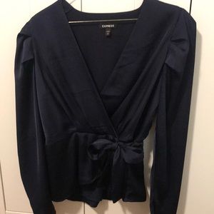 Stunning dark blue tie front wrap blouse from Express